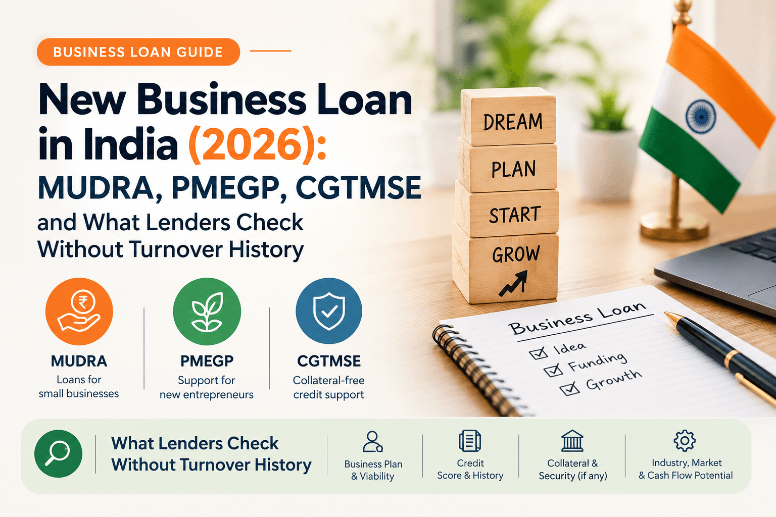 New Business Loan in India (2026): MUDRA, PMEGP, CGTMSE and What Lenders Check Without Turnover History